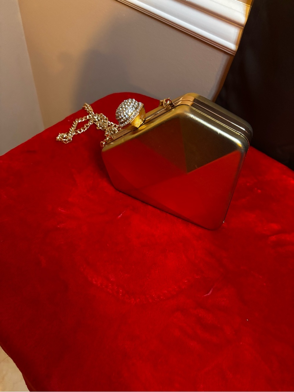 Gold Geometric Evening Clutch with Jeweled Knob